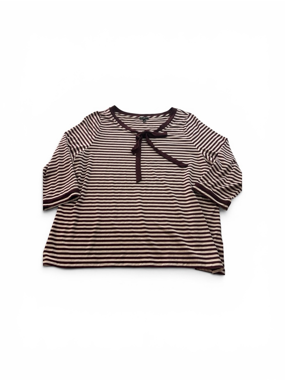 Talbots Blouse Womens 2X Maroon/White Stripe Knit 3/4 Sleeve Top Tie Detail